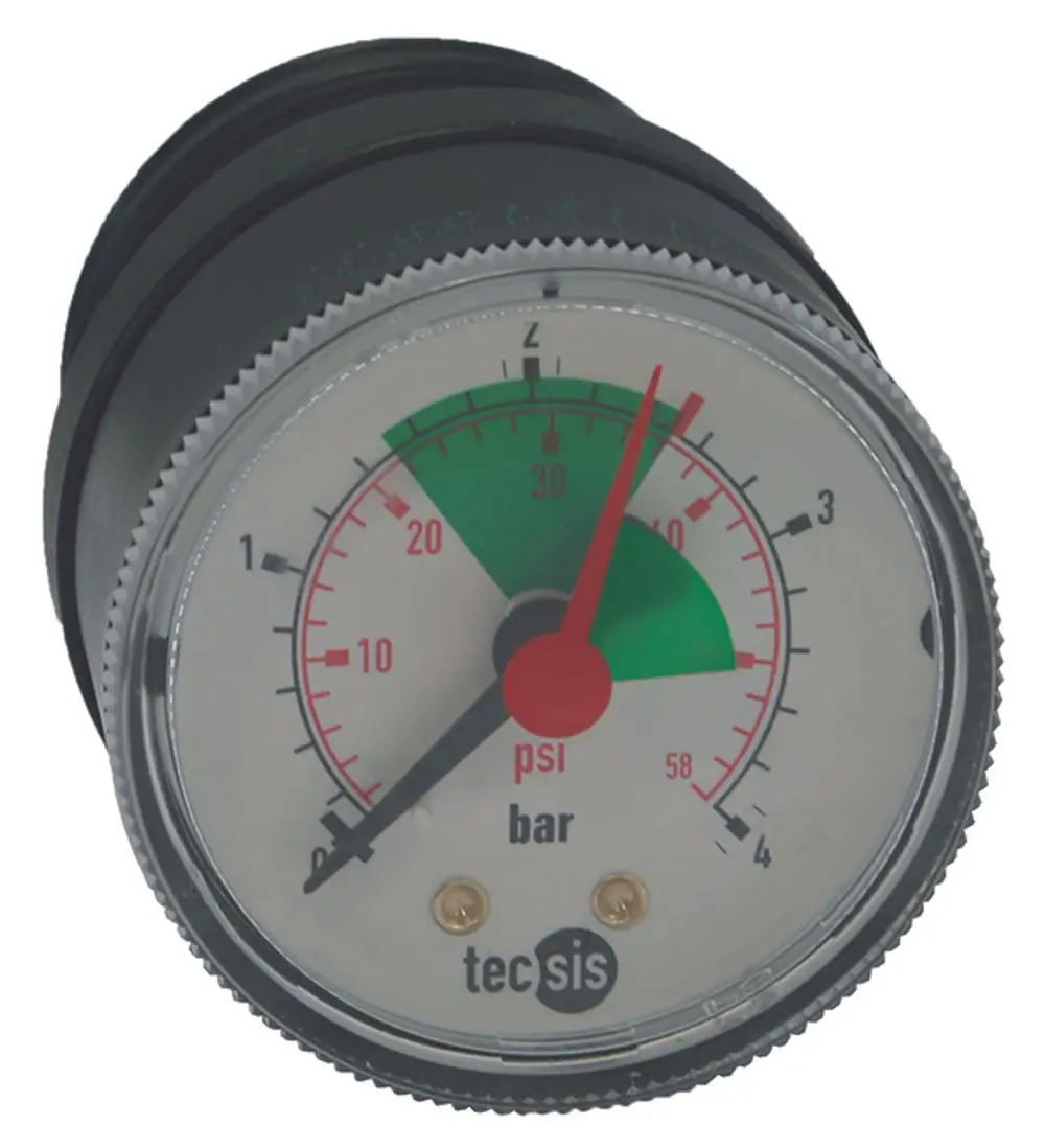 Syr Doppelmanometer mit einer farbigen Skala für Druckmessungen in psi und bar, abgebildet auf einem weißen Hintergrund. Zeiger zeigt auf den Druckwert.